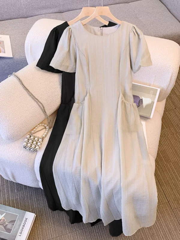 Plus Size Korean Pockets Short Sleeve Midi Dress Flared Midi Skirt