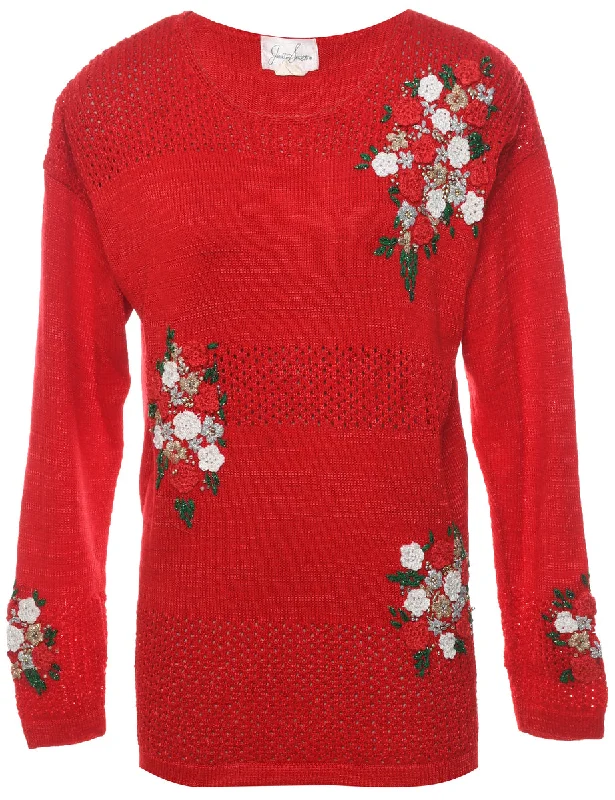 Floral Christmas Jumper - M Warm Hoodie Sweatshirt