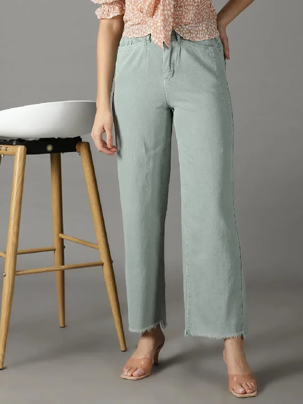 Women's Green Solid Wide Leg Denim Jeans-IM-10165-Green