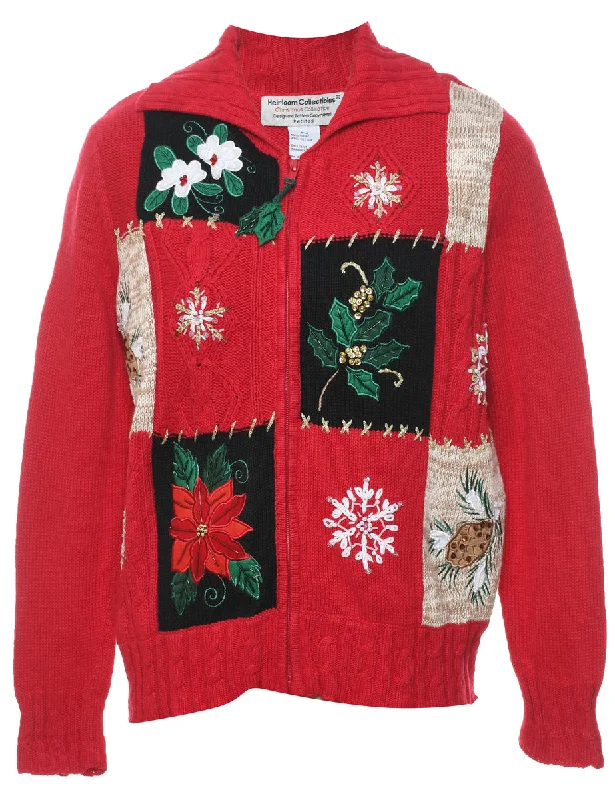 Floral Christmas Cardigan - M Cozy Zip Hoodie