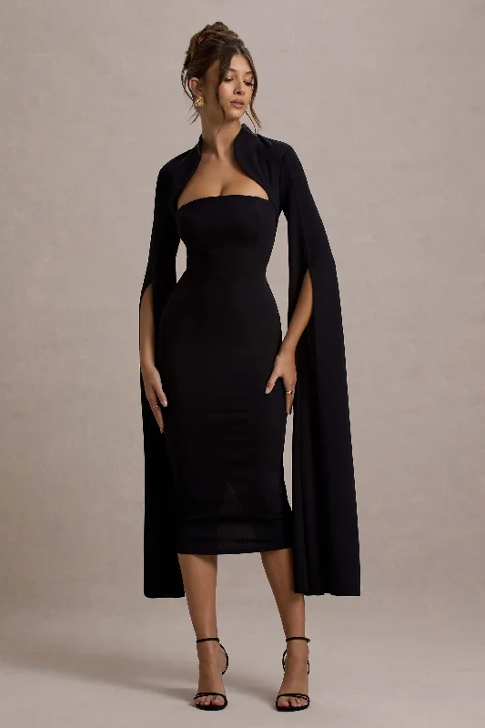 Linden | Black Bodycon Cape-Sleeve Midi Dress Stylish unclassified dresses