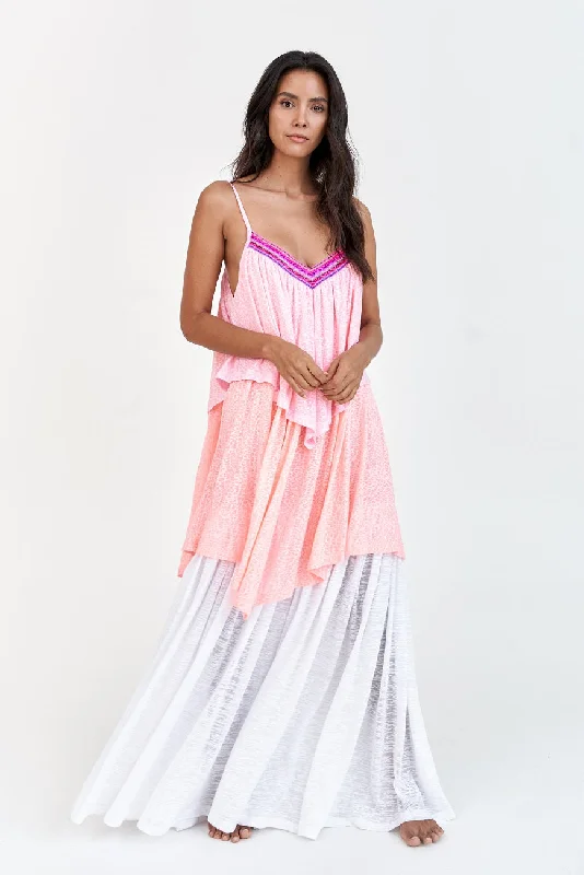 Tiered Beach Dress - Strappy Long Beach Dress Light Pink/Salmon/White Halter unclassified dresses