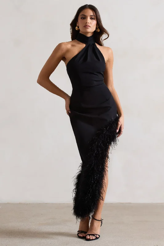 Brilliance | Black Asymmetric Maxi Dress With Feather Trim Boho unclassified dresses