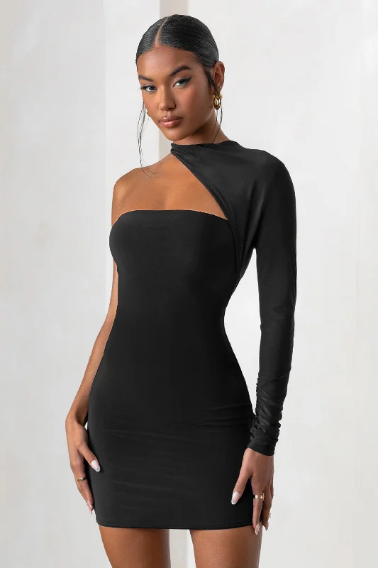 Perfect Touch | Black One Shoulder Long Sleeve Mini Dress Holiday unclassified dresses