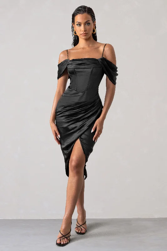 Deserving | Black Satin Bardot Sleeve Corset Wrap Midi Dress Sexy unclassified dresses