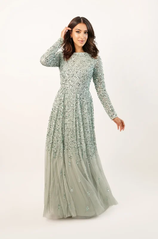 Sila Long Sleeve Embellished Maxi Dress in Sage Green Cocktail unclassified dresses
