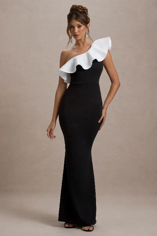 Berkley | Black & White Ruffled One-Shoulder Maxi Dress Flowy unclassified dresses