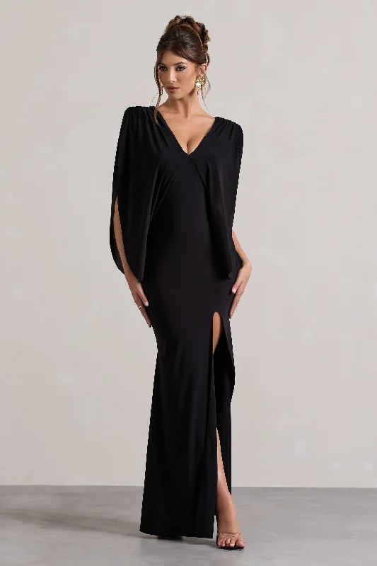 Perry | Black V-Neck Cape Sleeve Split Maxi Dress Halter unclassified dresses