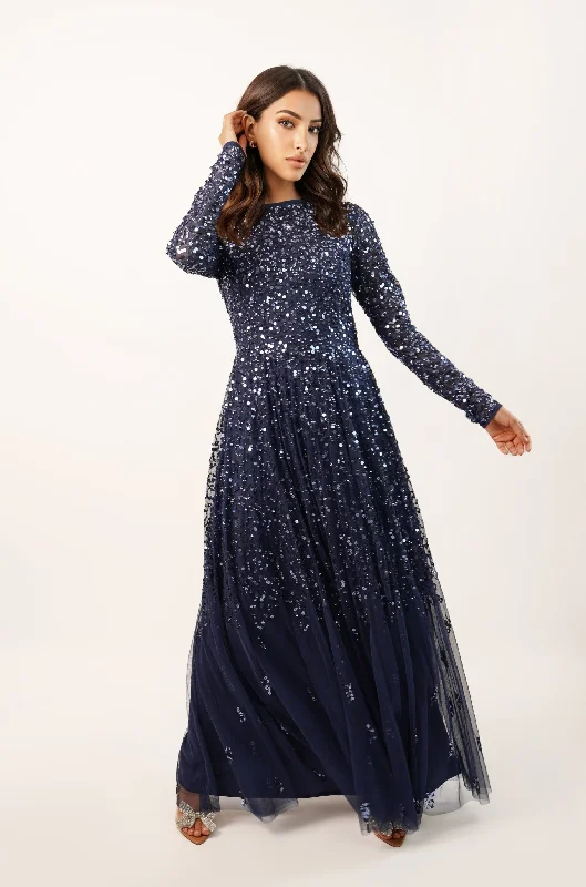 Sila Long Sleeve Embellished Maxi Dress in Dark Blue Pastel unclassified dresses