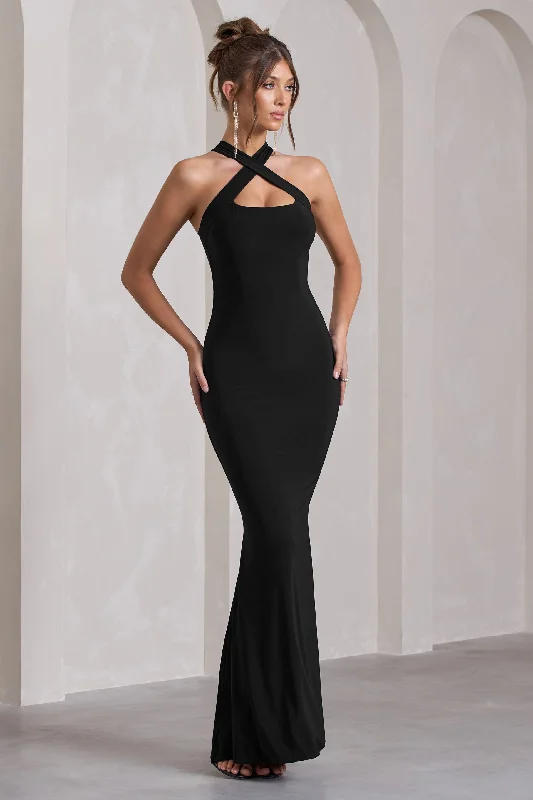 Cross My Heart | Black Sleeveless Cross-Neck Maxi Dress Cotton unclassified dresses