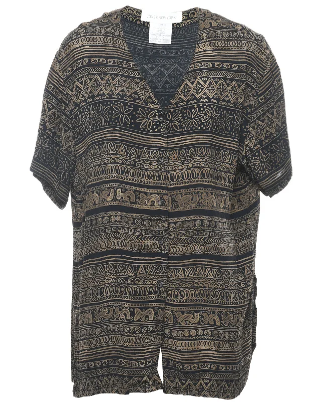 Patterned Button Up Black & Brown Blouse - L Smocked unclassified dresses