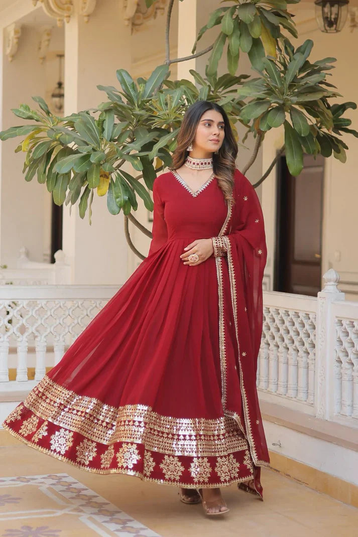 Womensavtar Faux Blooming Gown with Dupatta With Attractive Embroidered Sequins work. Comfortable unclassified dresses