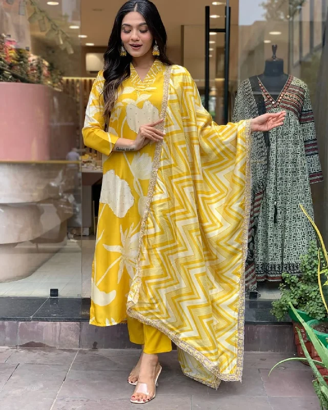 Make a change in your wardrobe by wearing our exclusive muslin digital print hand embroidery suit with muslin duppata (NFRD292) Color block unclassified dresses
