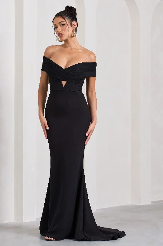 Inspiration | Black Sheer Bardot Fishtail Maxi Dress High-low unclassified dresses