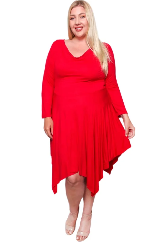Women's Plus Long Sleeve Cowl Neck Hi Low Ruffle Hem Midi Dress Tulle unclassified dresses