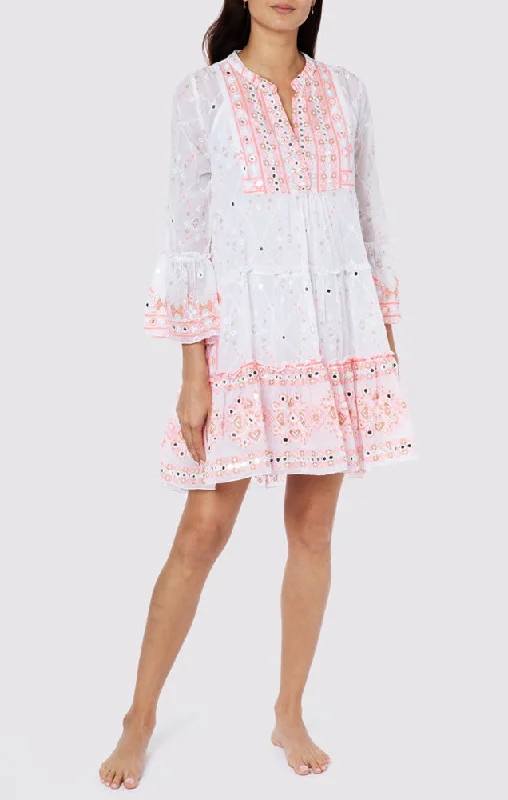 Mosaic Print Flared Sleeve Dress with Mirror Embroidery White Coral Gold Tiered unclassified dresses