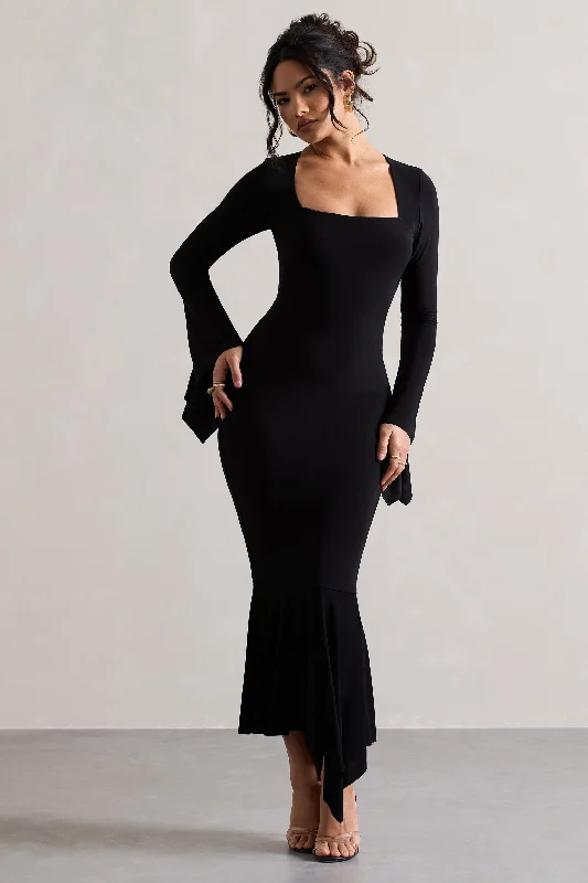 Meliora | Black Square-Neck Flute-Sleeve Asymmetric Midi Dress Summer unclassified dresses