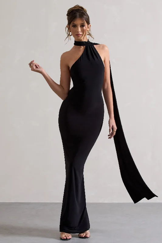Miss | Black One Shoulder Backless Maxi Dress With Scarf Earthy tone unclassified dresses