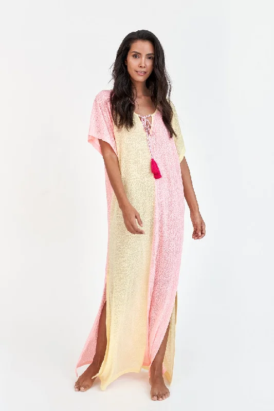 Two Tone Summer Dress - Maxi Dress in Soft Lemon-Salmon Backless unclassified dresses