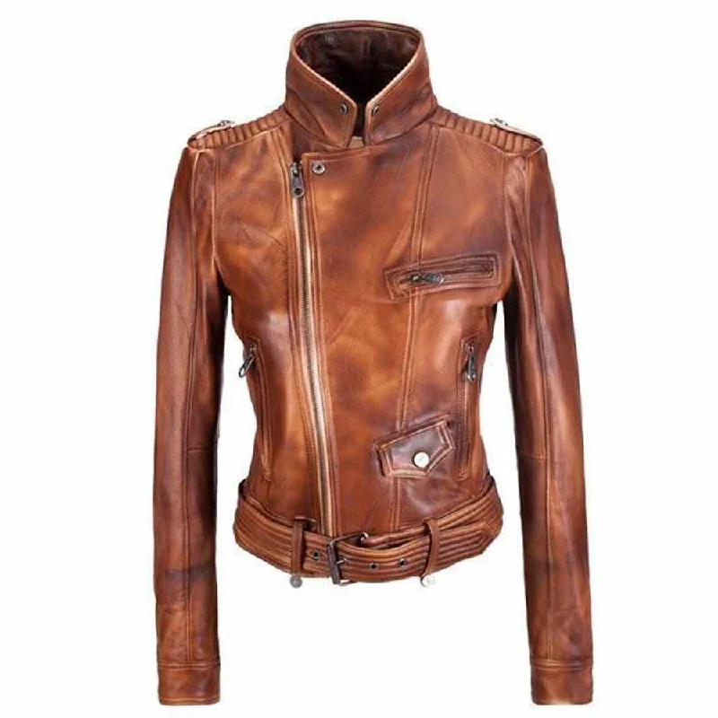 Slim Fit Brown Waxed Leather Jacket Women's transitional jackets