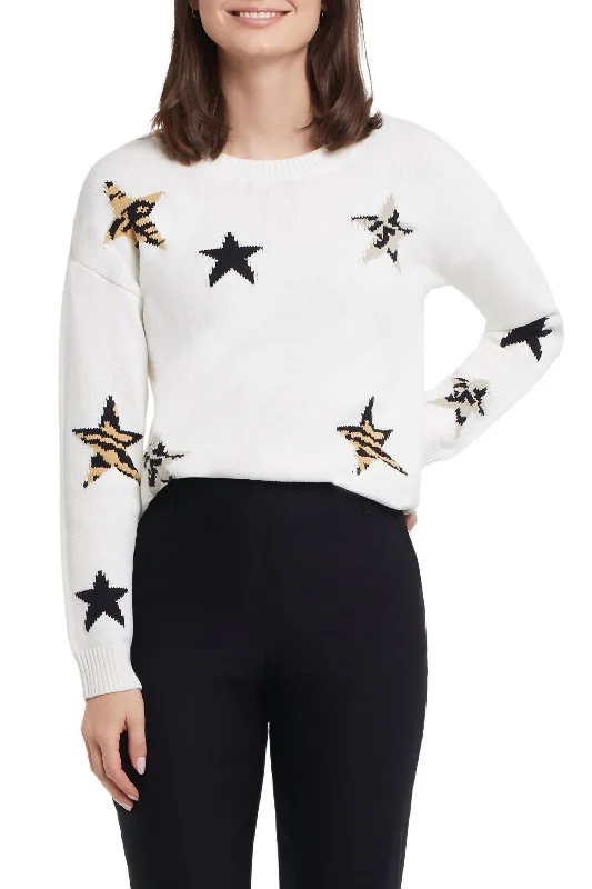 Long Sleeve Crew Neck Sweater With Intarsia Stars In Cream Nike sweaters