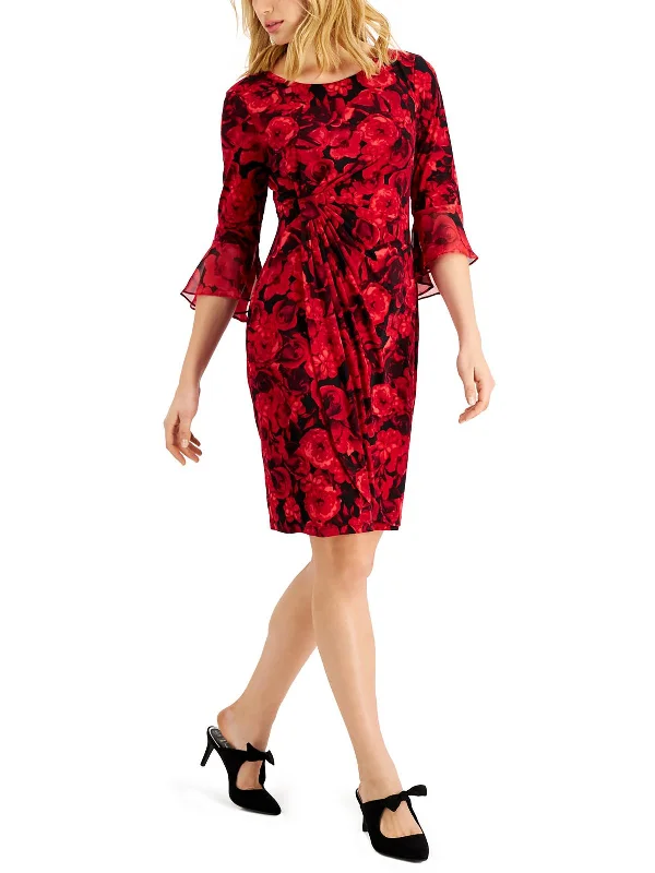 Petites Womens Wedding Guest Floral Print Fit & Flare Dress Off-shoulder Gown