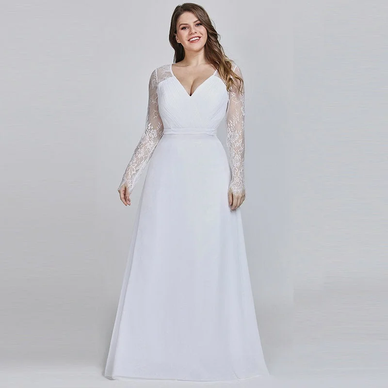 Women's V-Neck Long-Sleeved Lace Wedding Dress With Appliques Lace Train Dress