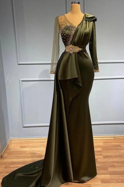 Classy V-neck Long Sleeves Beading Mermaid Prom Dress With Side Train,F04795 Tulle Layered Maxi